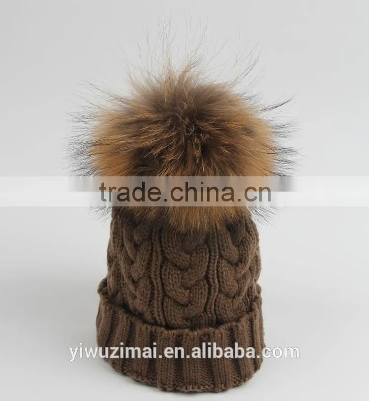 2015 new designed women raccoon fur ball twist wool hat ladies fashion winter knitted warm hats