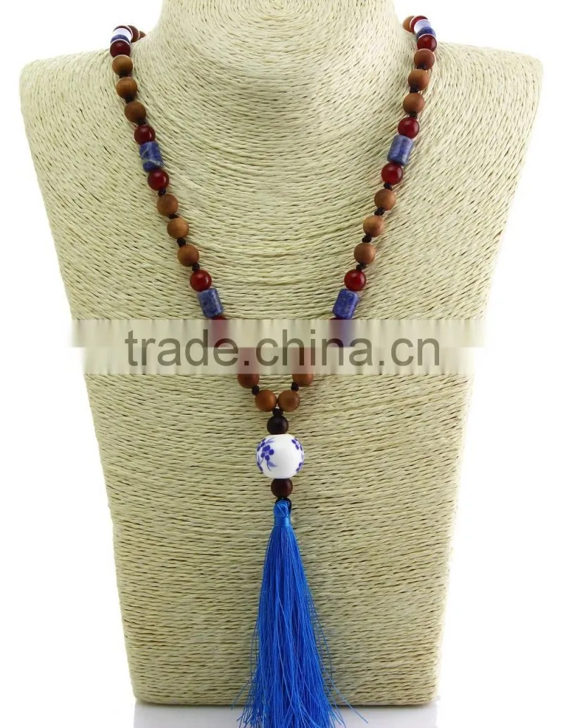 unisex women wooden beaded necklace gemstone pendant necklace with tassel