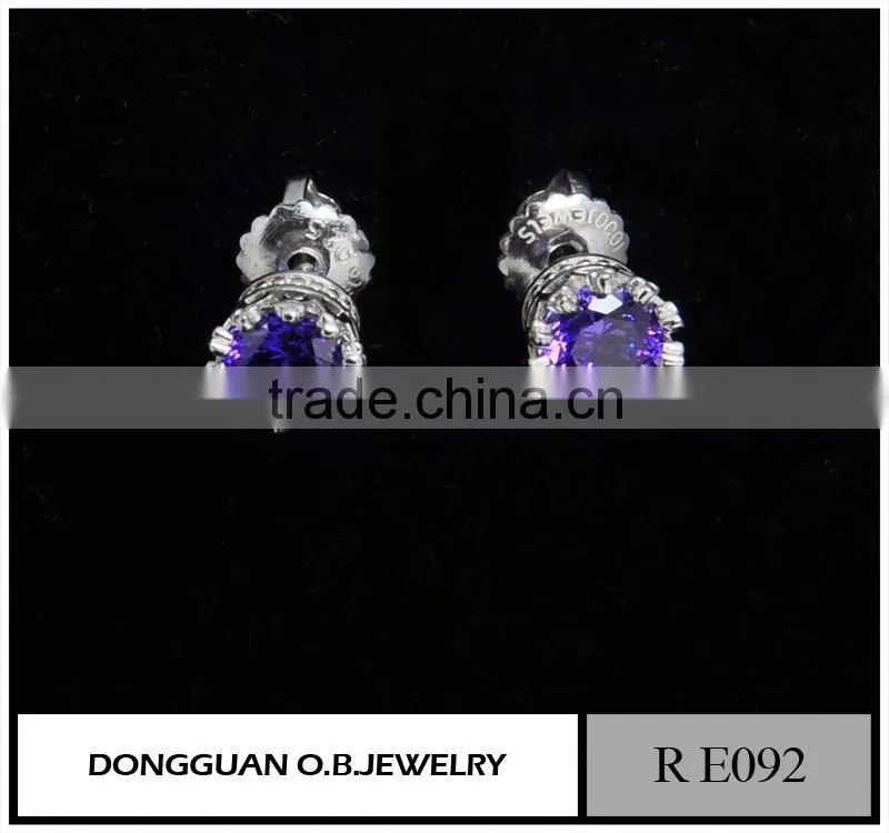 925 silver rhodium plated blue zirconia stud earrings for woman
