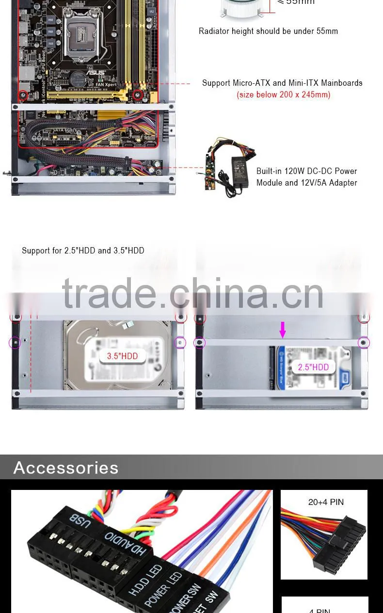 Realan Vertical Horizontal Mini ITX Micro ATX PC Gaming Case T02 with Power Supply (SGCC 0.6mm, 2.5"/3.5"HDD)