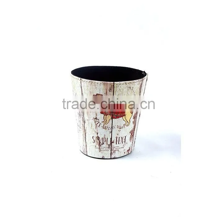 Cartoon Dog Print Waste Bin Faux Leather Open Top Standing Trash Can