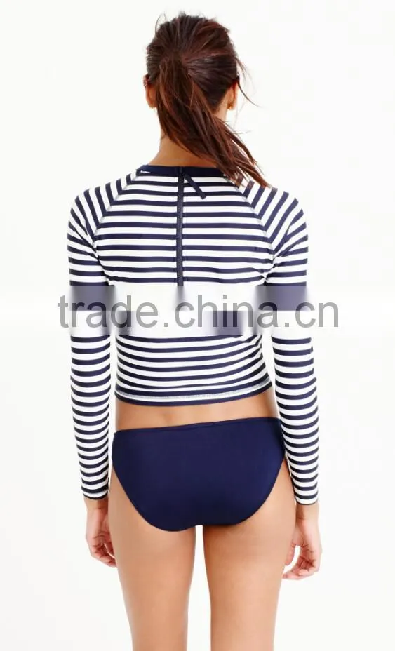 OEM Summer Woman Surf Cycling Couple Sublimated Stripe Cropped Long Sleeve Custom Printed Rash Guard