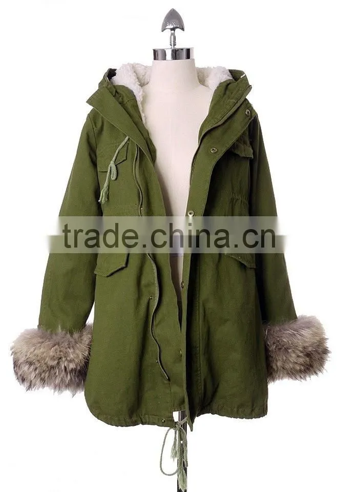 Detachable Faux Fur Jacket with fur collar fur sleeve ,women Army green Jacket coat
