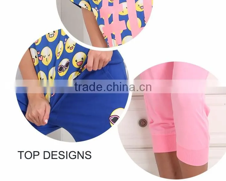 TOP DESIGN WOMEN SUMMER COTTON FANCY SMILE PRINTING TOP AND BERMUDA PAJAMAS