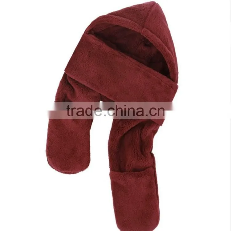Women Winter Warmer Hoodie Gloves Pocket Earmuffs Hat Long Scarf Shawl Wraps
