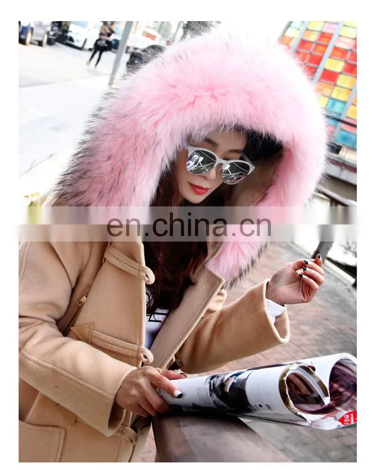 Fashion Hot Women Winter Raccoon Fur Short Hooded Korean Cashmere Wool Coat