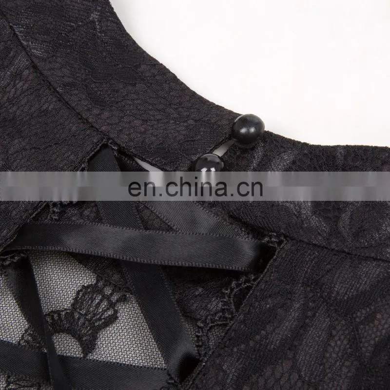 Belle Poque Retro Vintage Cap Sleeve High-Neck Sheer Bodice Black Lace Swing Dress BP000380-1