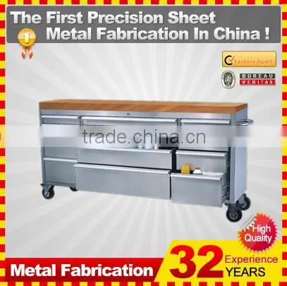 46 in. 9 drawer stainless steel mobile tool cabinet with solid wood top, black