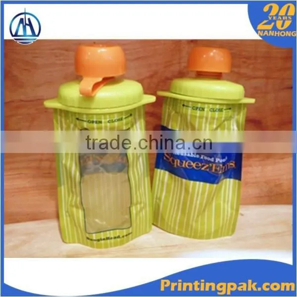 BPA free reusable stand up baby food spout pouch with childproof zip lock