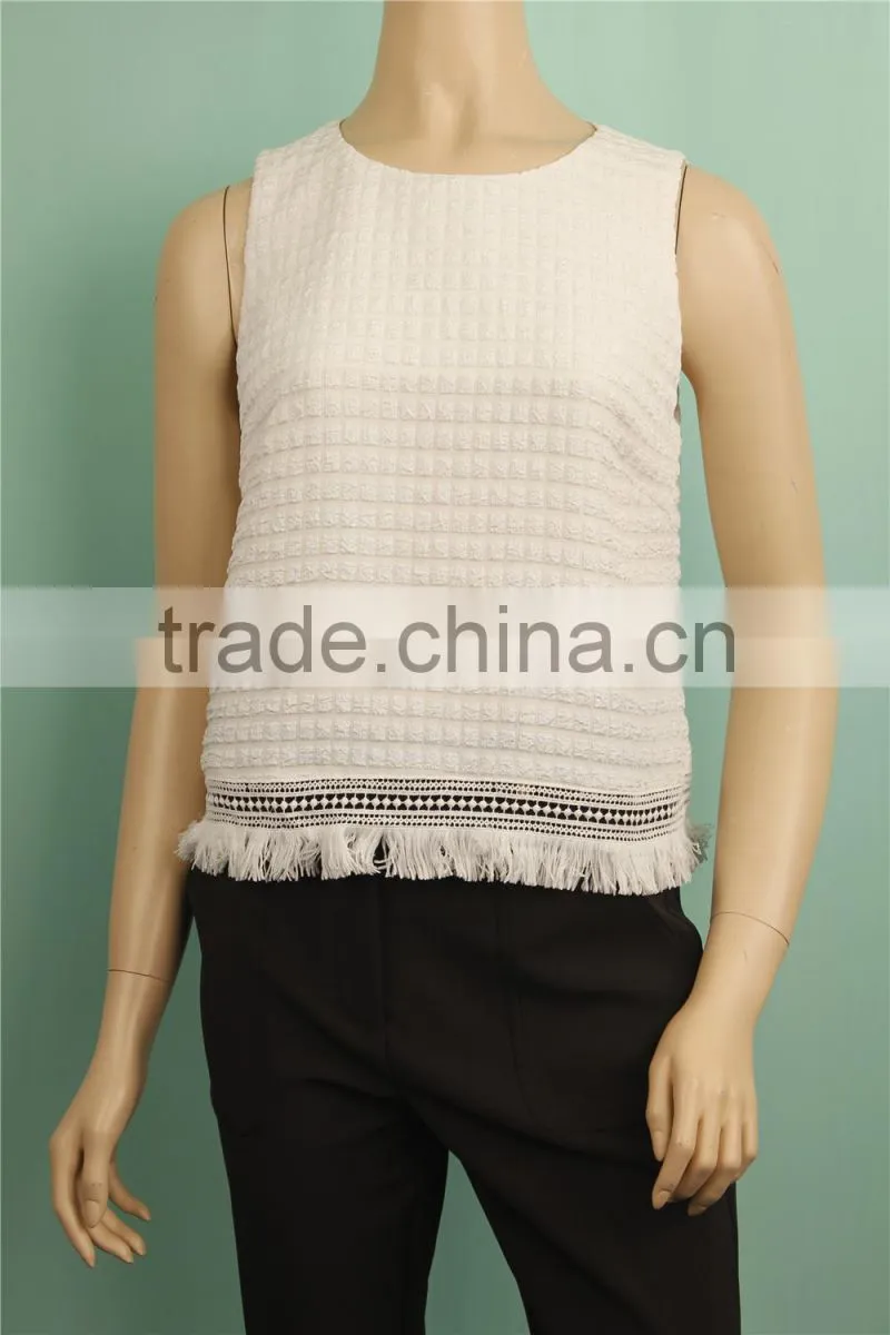 2016 S/S tassel hem sleeveless back zipper white sexy office lady blouse