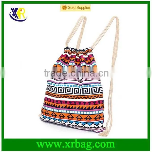 Custom fashion style pattern cotton canvas drawstring backpack bag