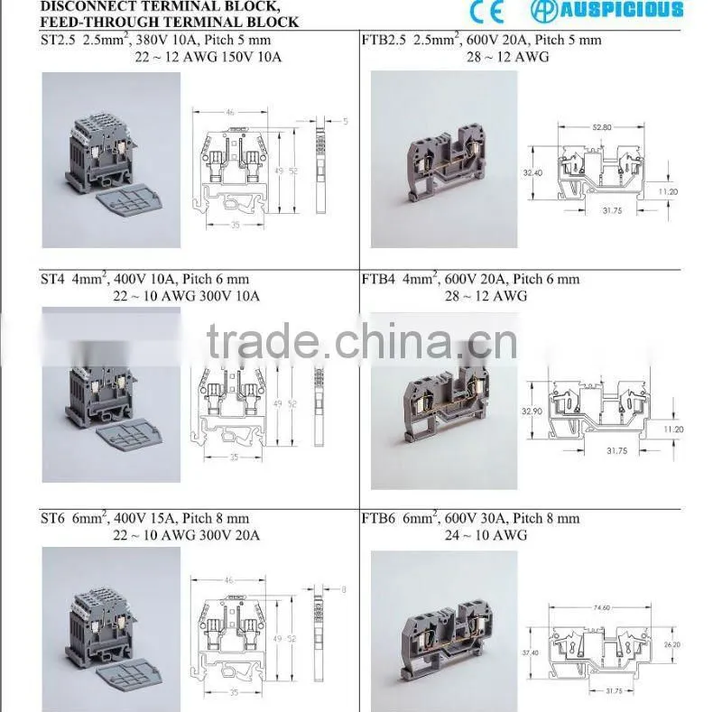 2.5mm2 400V 15A 22~10AWG 300V 20A Disconnect Terminal Block (ST6)