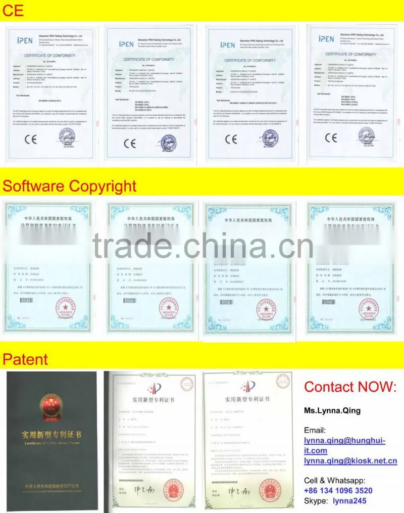Wall mounted touch screen kiosk for store with cash acceptor and Barcode Reader