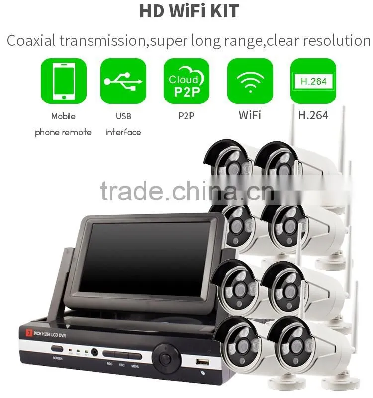 Vitevison 7inch LCD monitor with optional 1mp 1.3mp wifi camera H.264 8ch wifi NVR Kit