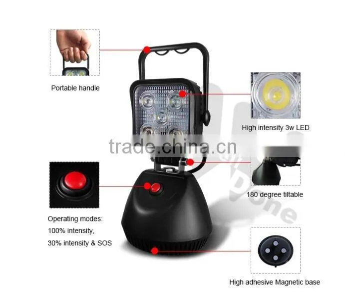 3.7" 15W battery DC or car charge portable brightnees adjustable rechargeable magent inspection camping LED work light