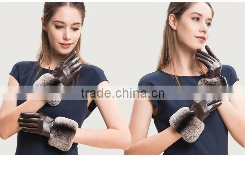 Ladies Wearing Leather Gloves With Gradient Rex Rabbit Fur Trim Genuine Sheep Skin