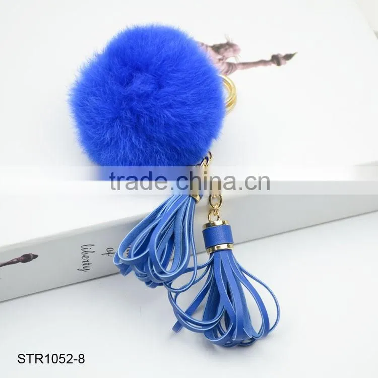 New Leather Tassel Fur Keychain Real Rabbit Fur Pom Pom Key Chain