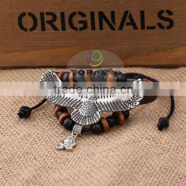 Top quality leather bracelet manufacturer metal stainless steel charm leather bracelet jewelry
