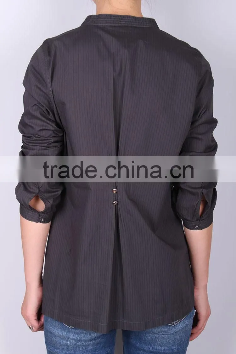 Women ruffle placket blouse , yarn dye long sleeve blouse/tops