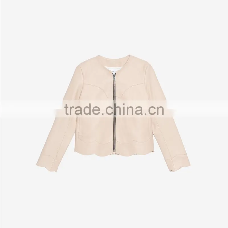 2017 newest simple style round neck wavy hem short leather jacket women