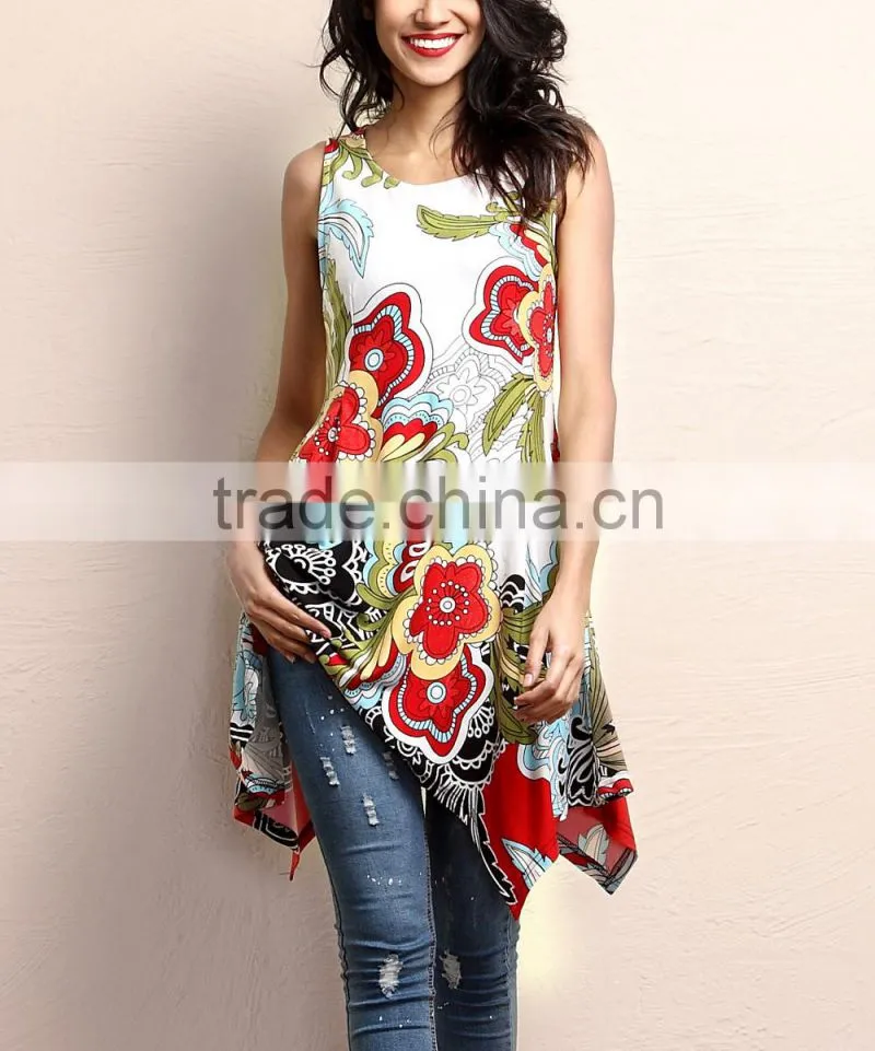 New Summner Women Tops With White And Red Floral Sleeveless Handkerchief Tunic Women Blouse Women Clothes GD90426-14