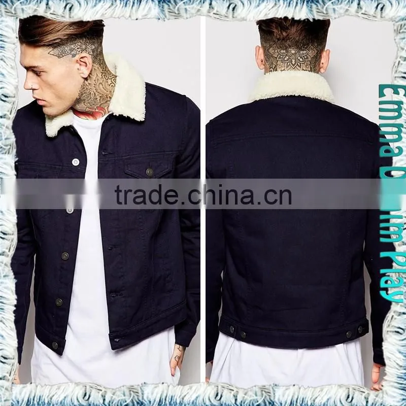 Vogue Cotton Denim Fleece Lining Jacket Dark Blue for Men