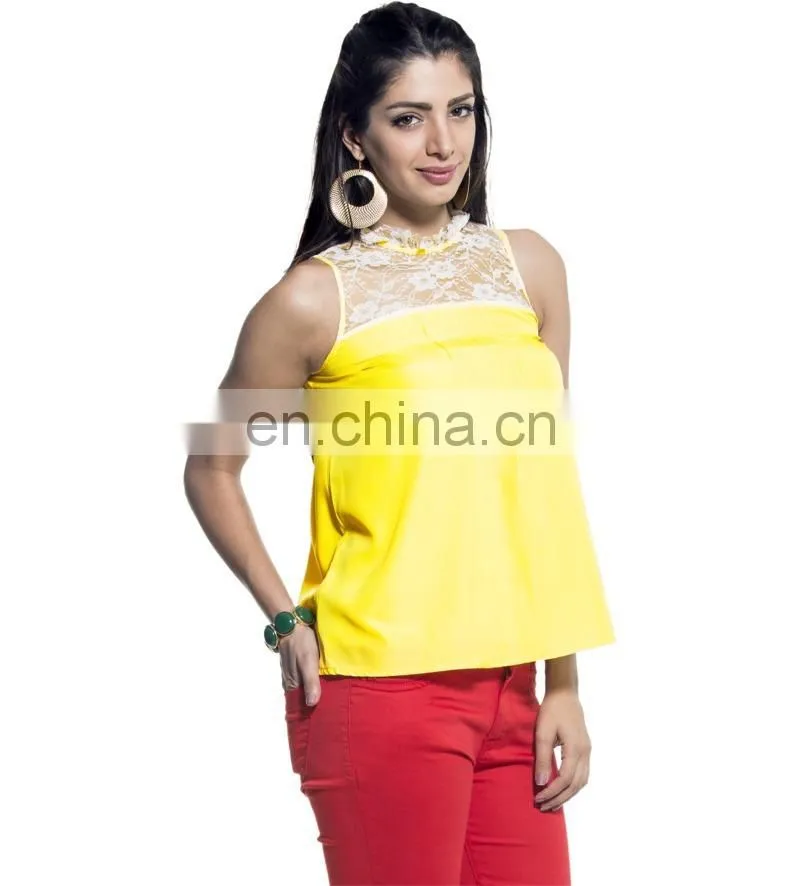 Yellow Sleeveless Lace Yoke Top