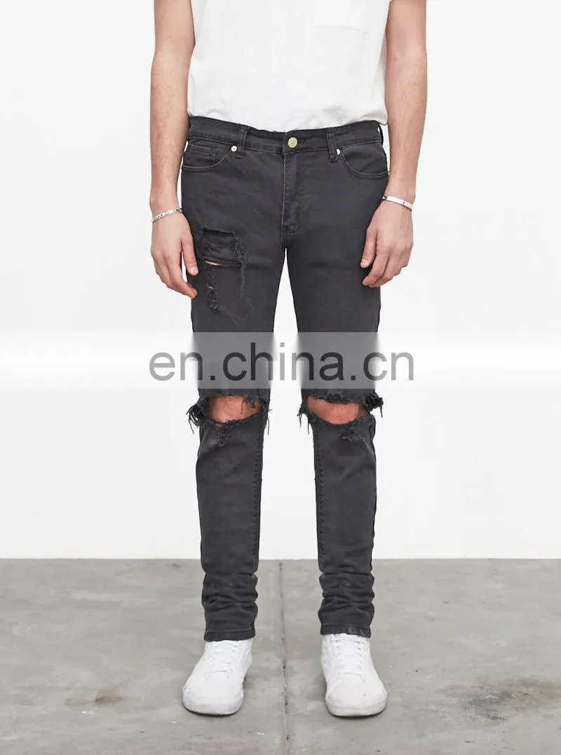 DiZNEW OEM custom USA 98%cotton skinny blue ripped jeans men