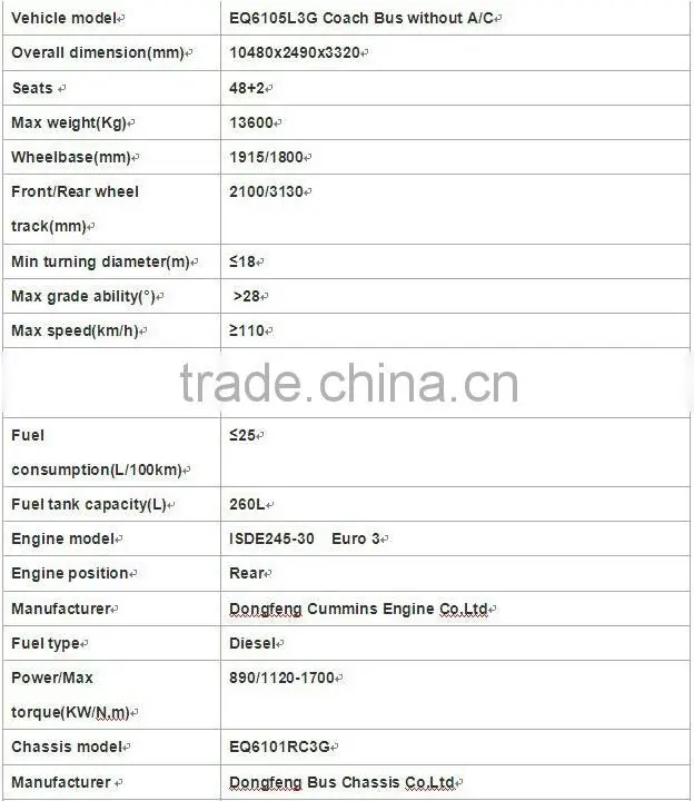 Dongfeng EQ6105L3G 4x2 10m diesel used coach buses
