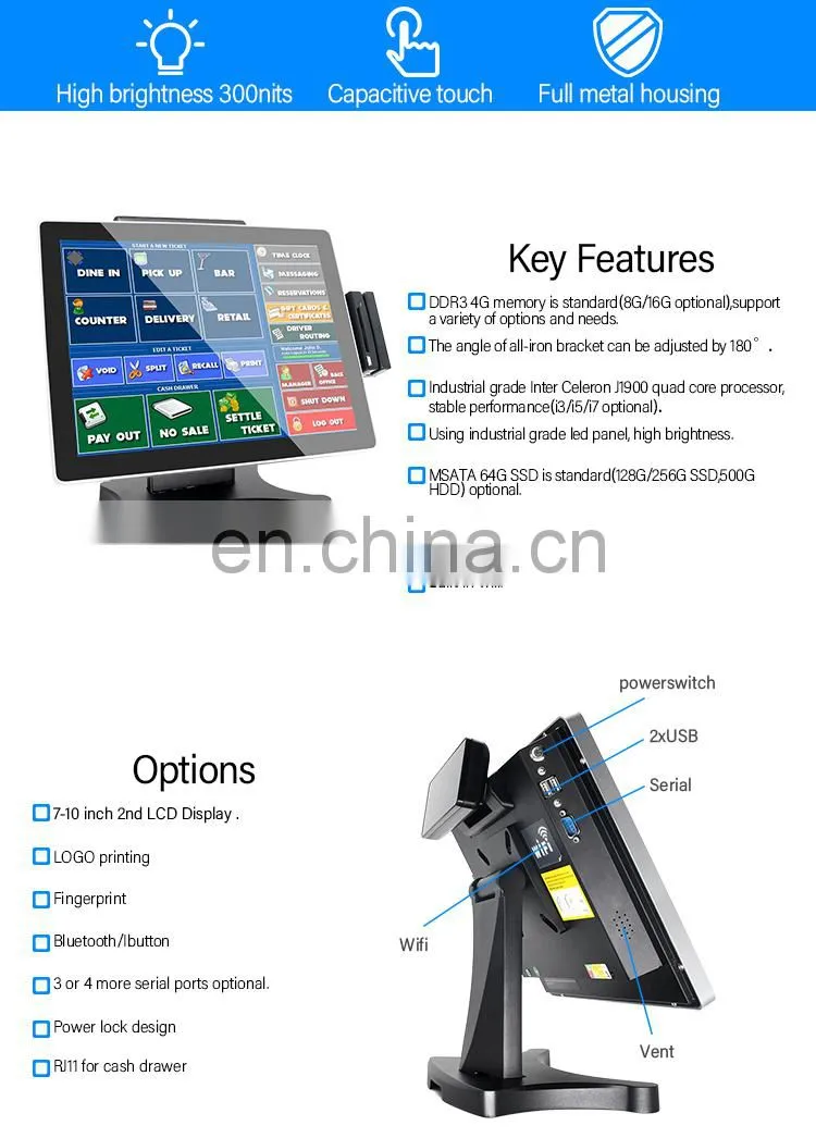 15" Touch Screen POS System Built-in VFD Customer Display Monitor WIFI Removable hard disk Magnetic Card Reader