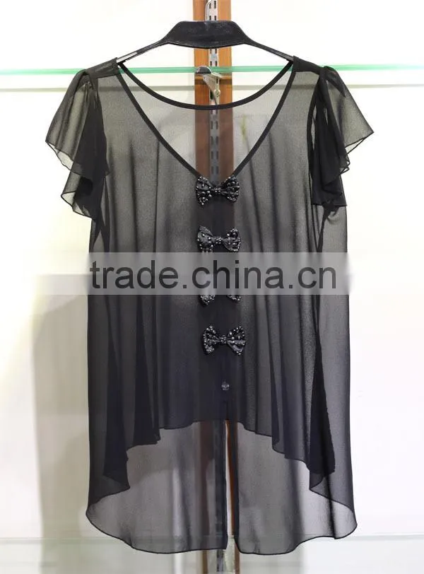 Women's black chiffon blouse with lotus leaf sleeves and cute bowknots