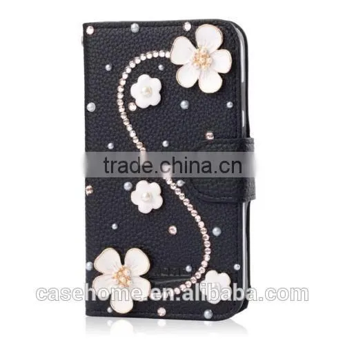 New Fashion Bling Crystal Diamonds Pearls PU leather flip stand wallet case cover for iphone6s