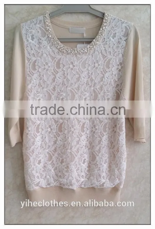2015 women knitting ladies' blouse short sleeve beaded round neck pullover with lace patchwork