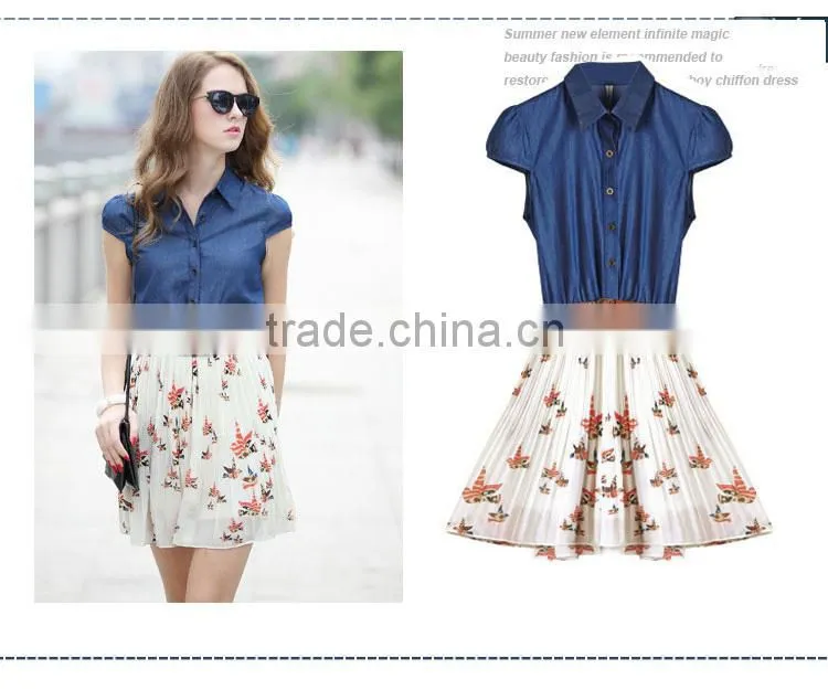 2015 New arrival New Style Fashion Women real comfort clothing Denim Matching Printing is one-piece Chiffon Dresses east