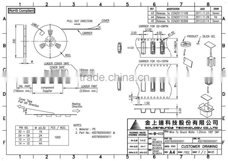 Pitch 1.25mm 2~15 Pin Available SMT 180 Wire to Board Connector