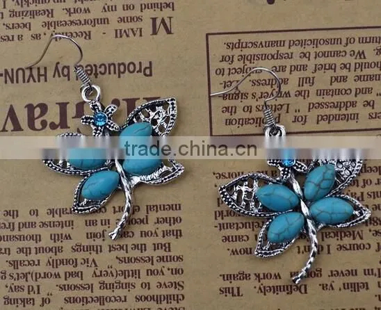 Bohemian Vintage Silver Plated Crystal Butterfly Pendant Turquoise Earrings