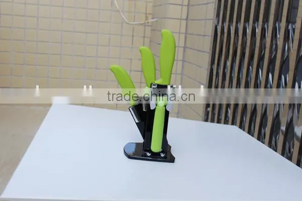 Extremely Sharp 3pcs Ceramic assorted Kitchen knife set with a peeler in plastic acrylic stand