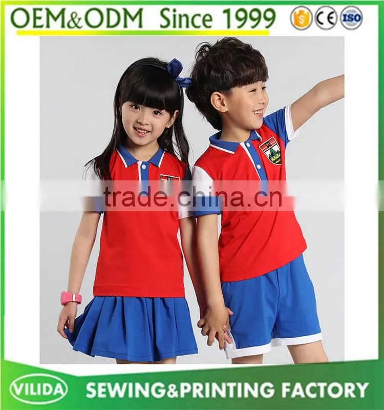 Good quality kindergarten uniform fashion primary school uniform red polo shirt and bule shorts or skirt