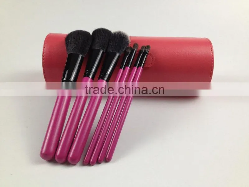 wholesale professional 7pcs black nylon hair dark purple wooden handle in rolling pu bag Cosmetic Brush Set new arrival
