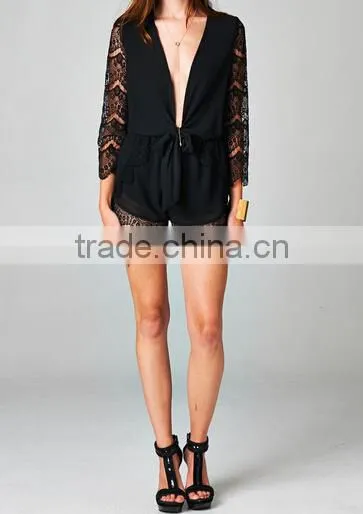 2015 new stylish sexy ladies Deep V neck open front romper playsuit lace sleeve short jumpsuit