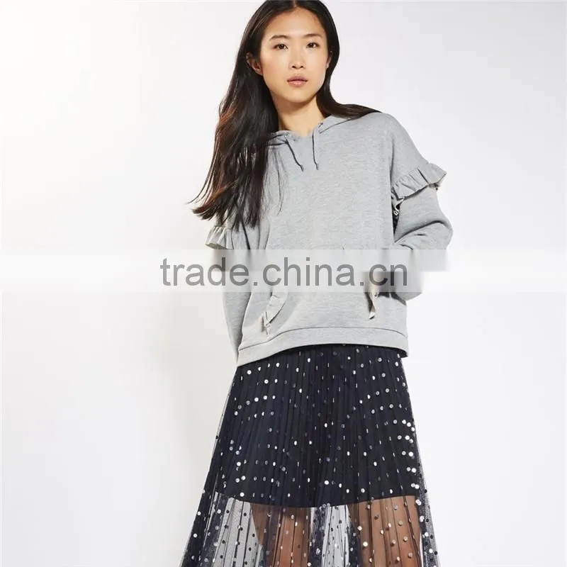 2017 oem spring long sleeves solid color pretty ruffle grey marl hoodie
