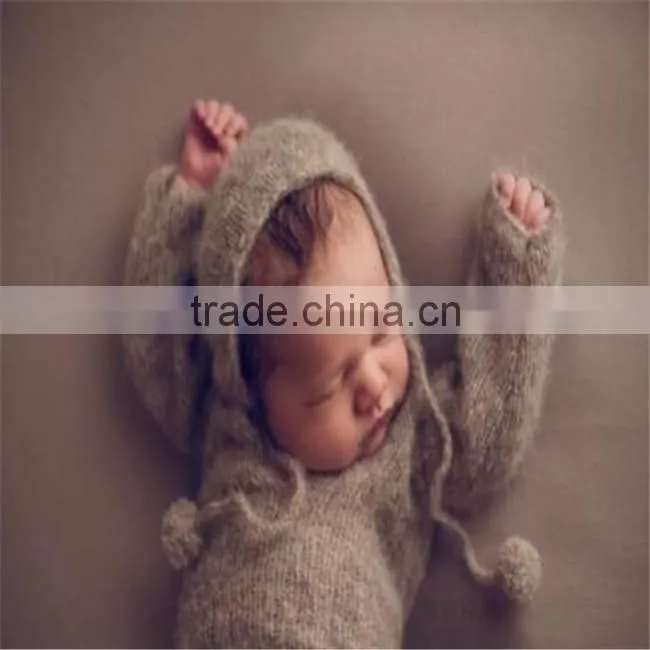 Newborn knit romper and bonnet sets crochet mohair long sleeve hooded romper baby girl overall newborn onesie photography props