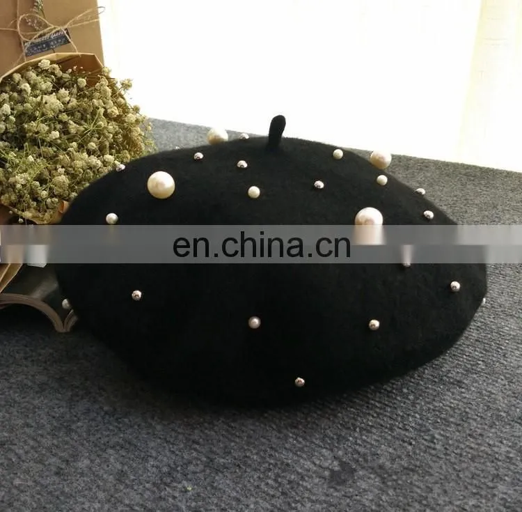 2017 Fashion Woman Spring Pearl Wool Beret Hat