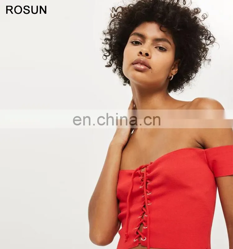 Ladies Lattice Front Knit Bardot Crop Top 2017