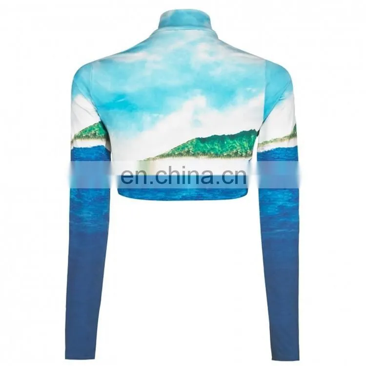 factory custom sublimated cropped surf rash guard for women