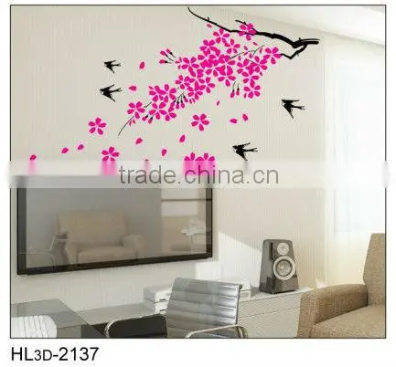 Pink Flower Wintersweet Lovely Swallow Tree TV Background PVC Home Decorative Wall Stickers