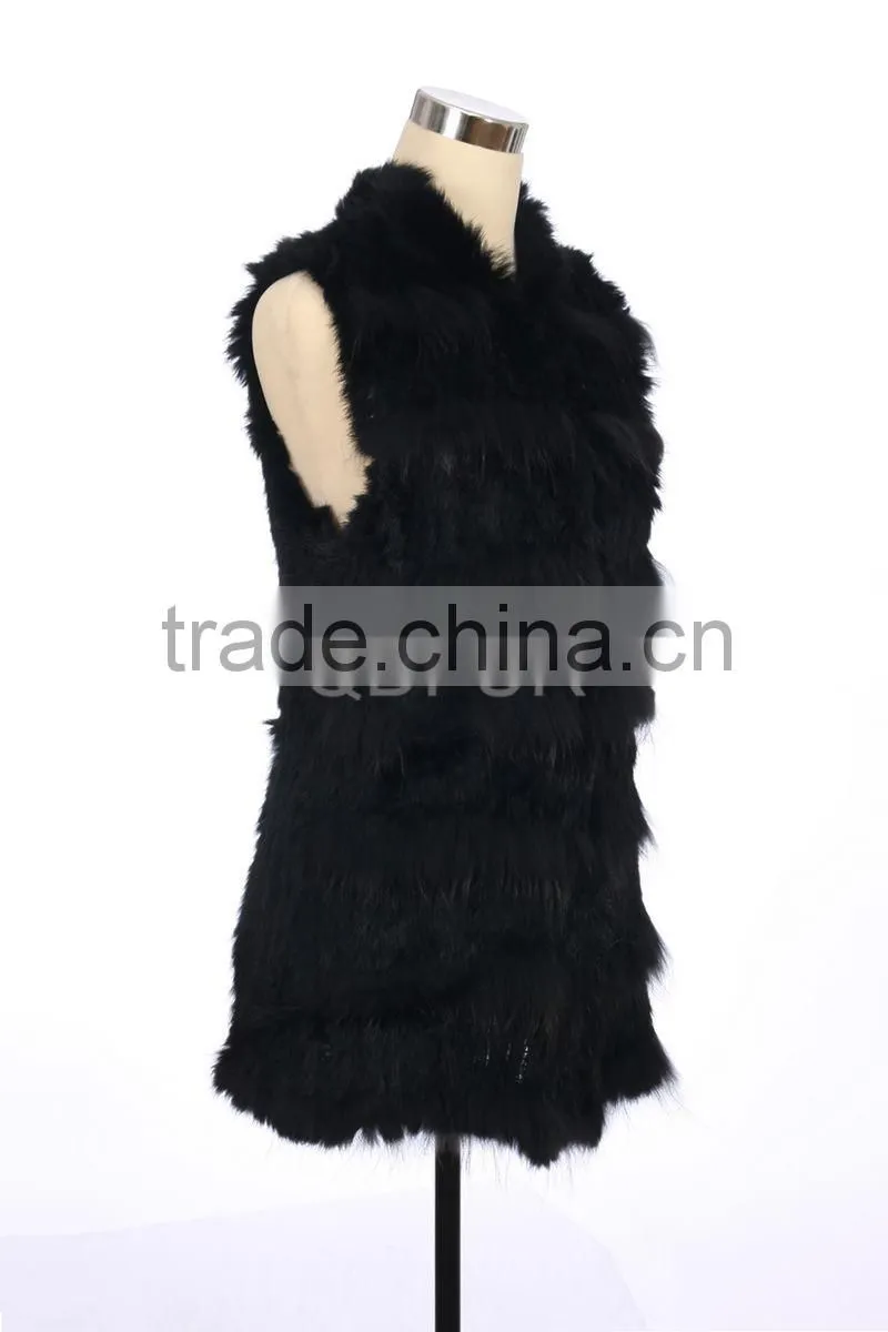 QD30304-5 Womens Sweater Vest of Rabbit Fur Gilet with Raccoon Fur Patchwork Vests