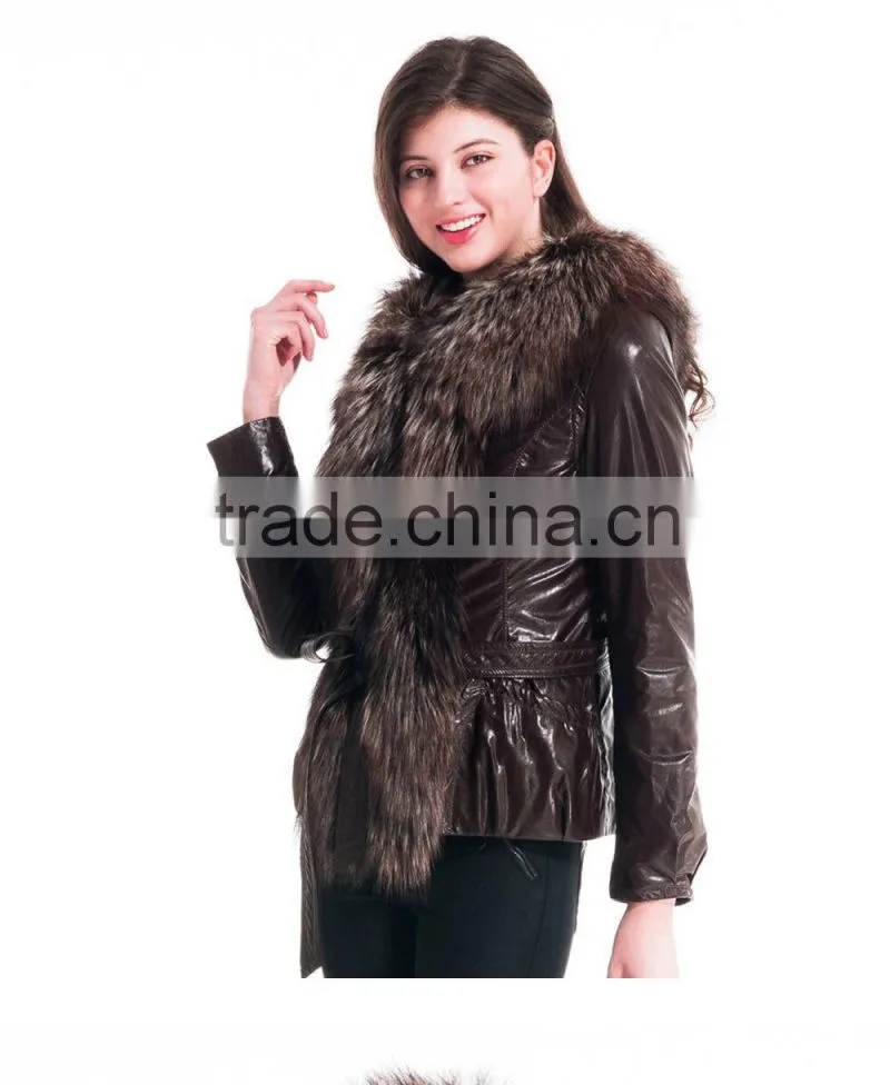 2015 New Style Winter Women Short Leather Coat With Belt Silver Fox Hat Overcoat