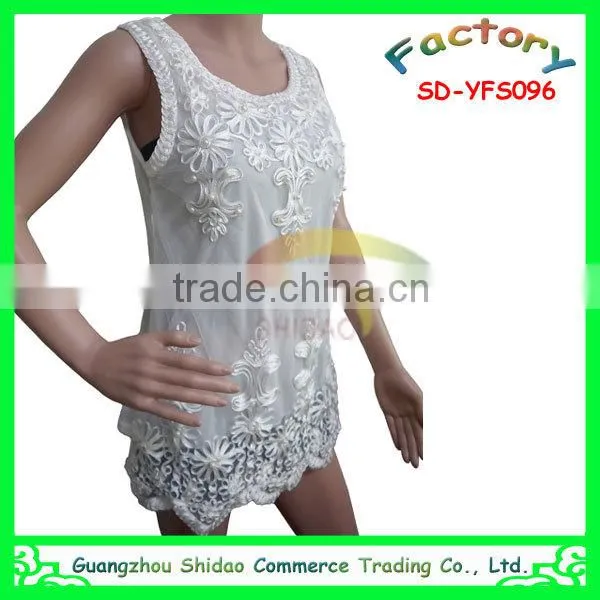Blouse white organza woven fabric fashion design bead decoration embroidery women blouse