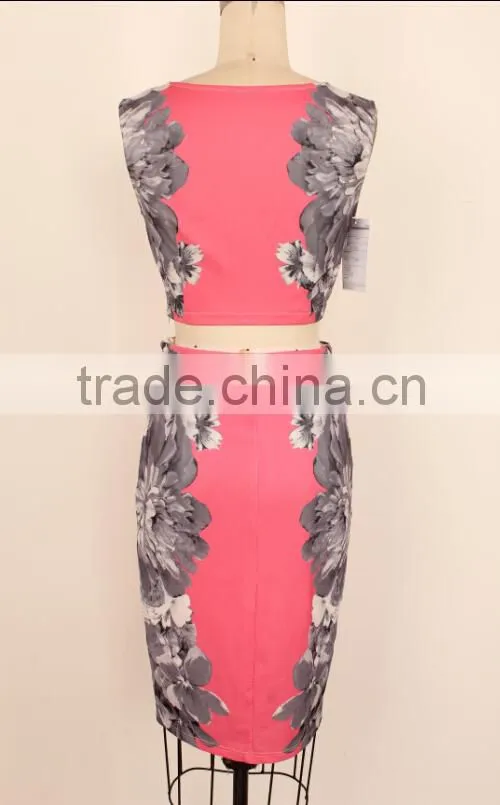 2015 fashion printed sleeveless tops and long skirts woman suit